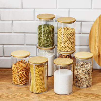 Glass Sugar Container with Spoon - 15oz Glass Jars with Bamboo Lid and Spoon, Bamboo Lid Storage Jar Canister for Coffee Beans, Spice, Brown Sugar, Tea, Flour, Nuts, Candy, Salts and More