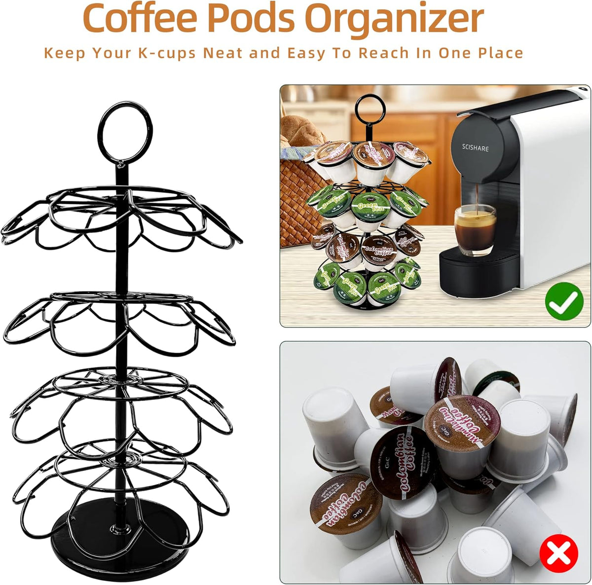 ROWISE K-Cup Pod Carousel Holder and Organizer for 36 Pods - Spins 360 Degrees, Detachable, Modern Metal Design in Black for Home and Office Counters