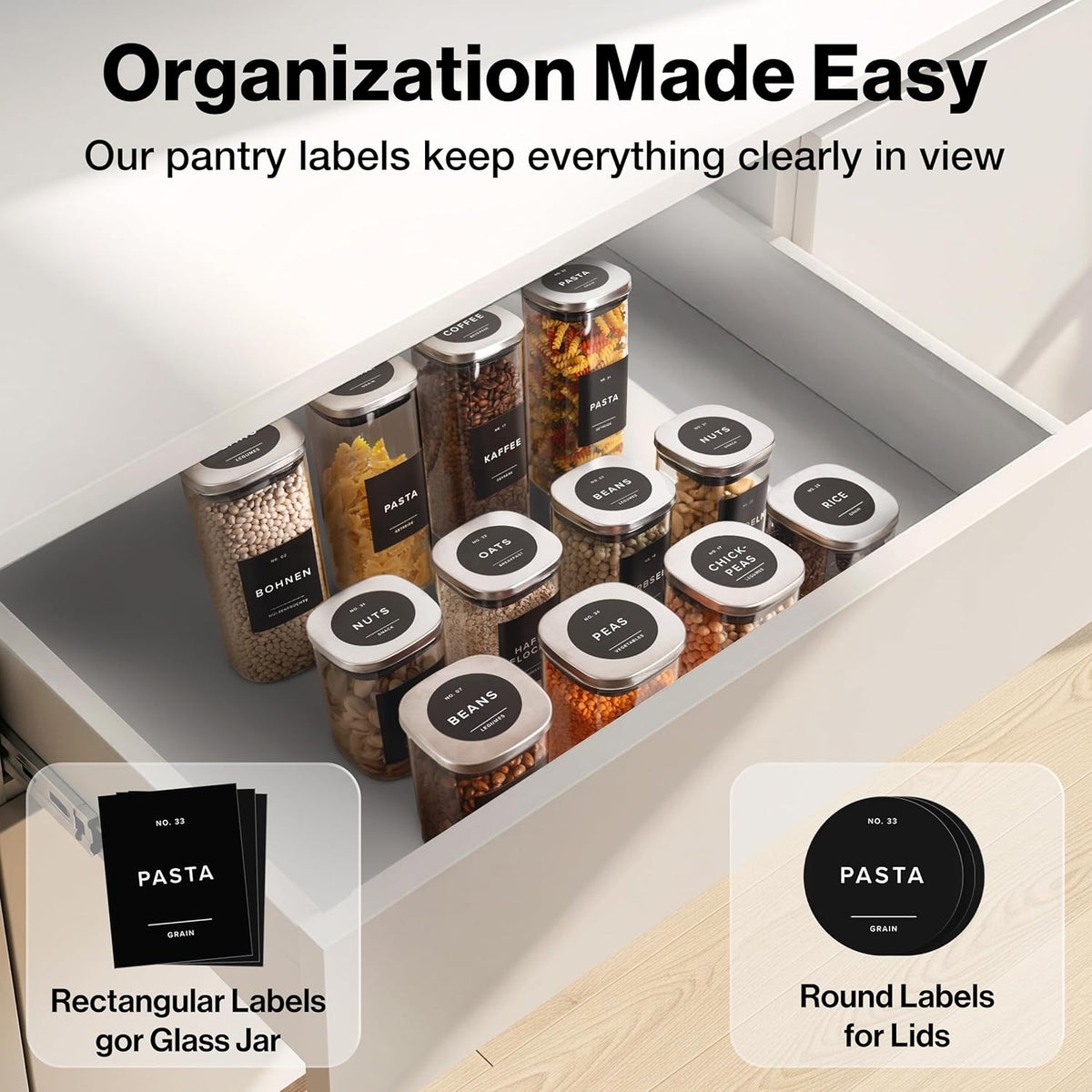 EDELHAUS Square Glass Storage Containers with Bamboo Lids 12-Pack (4x 30 oz, 8x 17 oz) Airtight Glass Storage Jars with Lids for Food, Stackable Glass Kitchen Canisters with 114 Labels for Pantry