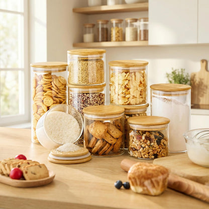 32oz - Glass Jars with Bamboo Lids, Glass Pantry Storage Containers with Airtight Lids, Round Air Tigh Food Storage Canisters for Cereal, Pasta, Flour, Sugar, Rice, Best for Kitchen Organizer