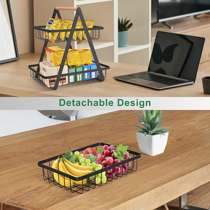 mahueeol 2 Tier Countertop Fruit Basket,Portable Fruit Bowle for Kitchen Organizer Storage & Dining Room Fruits Vegetable Bread Snacks, Detachable Metal Rectangle Basket Storage