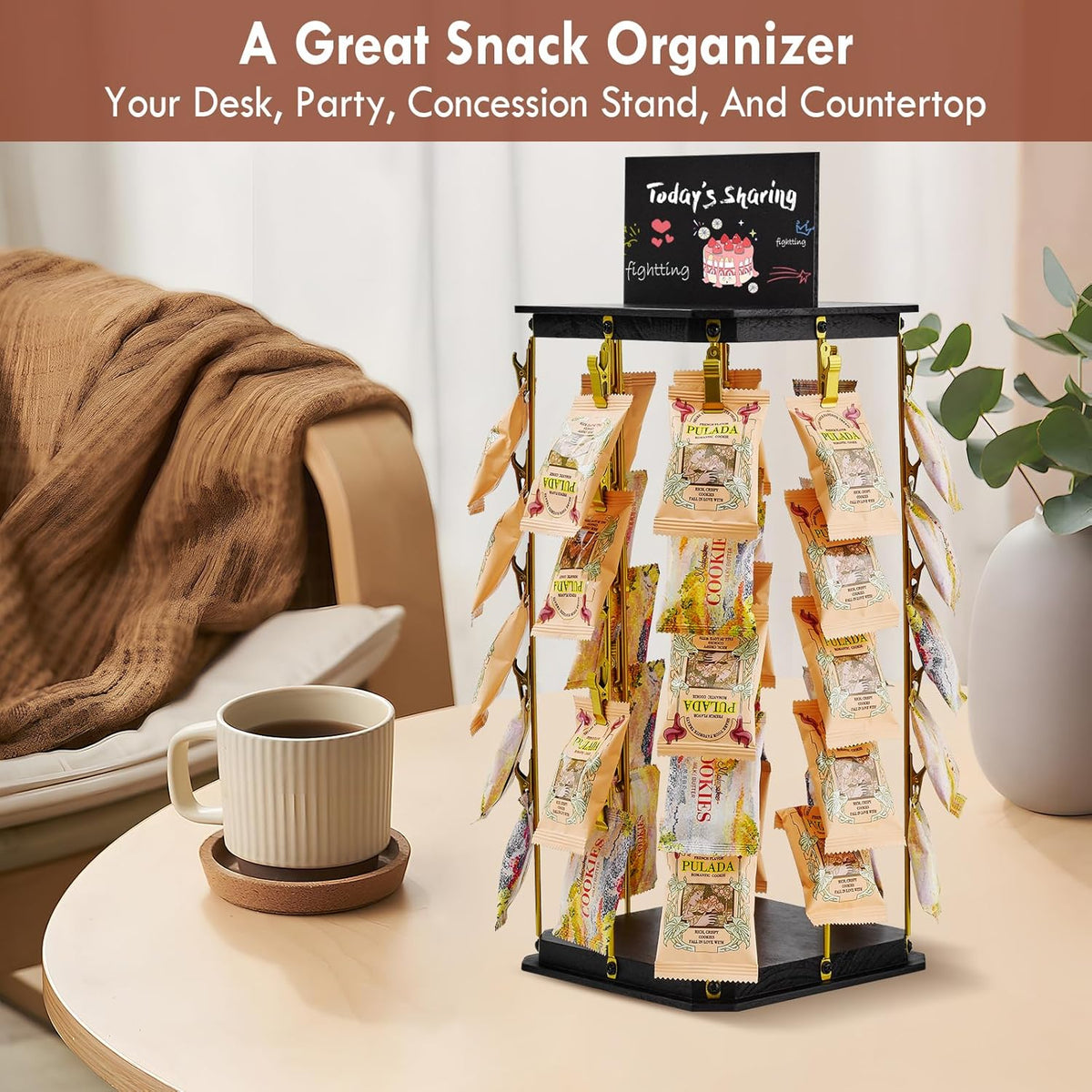 Pinzoveco Chip Rack Display Stand, 5 Tiers 40 Clips Snack Organizer for Office Desk, 360° Rotating Wooden Base Chip Holder Candy Display for Concession Stand, Countertop, Party, With Message Board