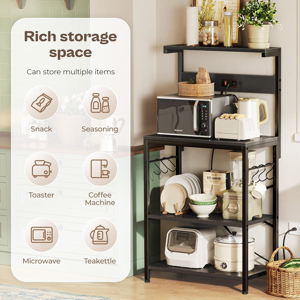 SUPERJARE Kitchen Bakers Rack with Power Outlet, Coffee Bar Table 4 Tiers, Kitchen Microwave Stand with 6 S-shaped Hooks, Storage Shelf Rack for Spices, Pots and Pans - Rustic Brown
