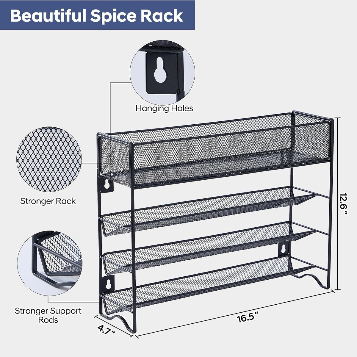 Spice Rack Organizer with 27 Spice Jars with Black Lids, Funnel, Spice Labels, Pen, Seasoning Organizer for Cabinet, Countertop, Pantry, Kitchen,Cupboard or Door & Wall Mount