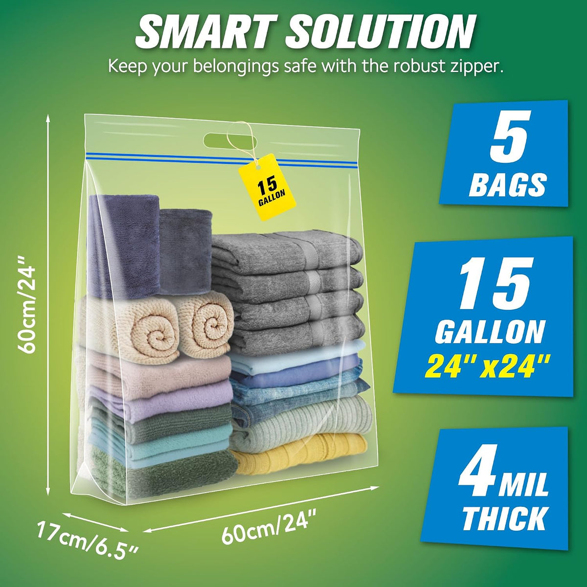 HIBAG 25 Gallon Jumbo Storage Bags, 35” x 24” Resealable Clear Bags with Handle, Extra Large XL Heavy Duty for Clothes Pillow Travel Moving, Pack of 3