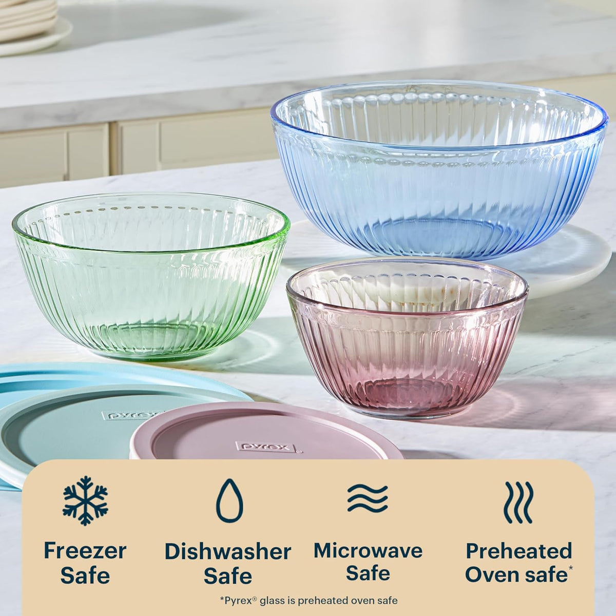 Pyrex Colors Tinted (Full Set) Sculpted Tinted Glass Mixing Bowls With Plastic Lids, Nesting Space Saving Set of Bowls For Prepping and Baking, 1.3QT, 2.3QT & 4.5QT