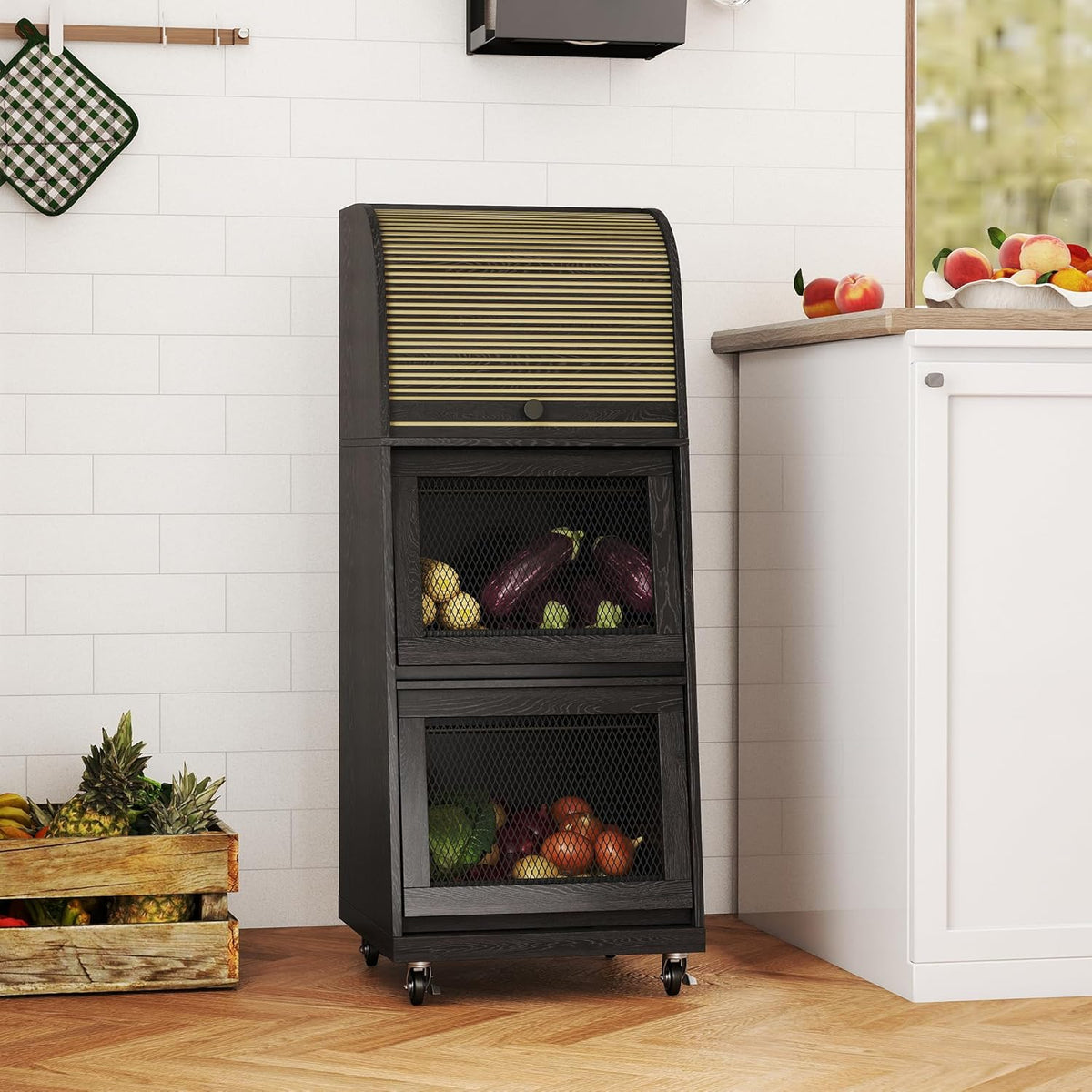 4 Tier Narrow Potato Storage Bin, Tall Wood Potato and Onion Storage Bin with Wheel, Movable Fruit and Vegetable Basket, Food Small Kitchen Pantry Cabinet, Wooden Bread Box, Walnut, Sliding Door