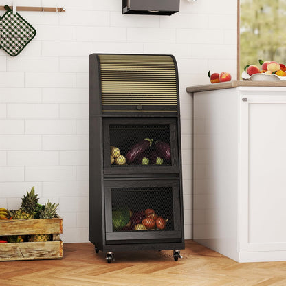 4 Tier Narrow Potato Storage Bin, Tall Wood Potato and Onion Storage Bin with Wheel, Movable Fruit and Vegetable Basket, Food Small Kitchen Pantry Cabinet, Wooden Bread Box, Walnut, Sliding Door