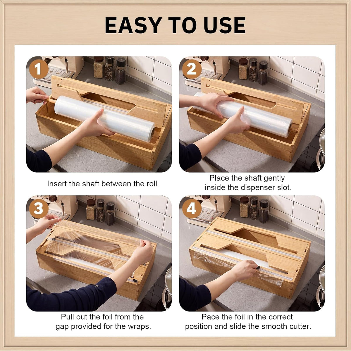 Wesiti 18 Inch Large Plastic Wrap Organizer & Dispenser with Cutter 2 in 1 Aluminum Foil Saran Wrap Butcher Parchment Paper Dispenser Bamboo Wall Mount Tin Wax Cling Organizer for Kitchen Countertop