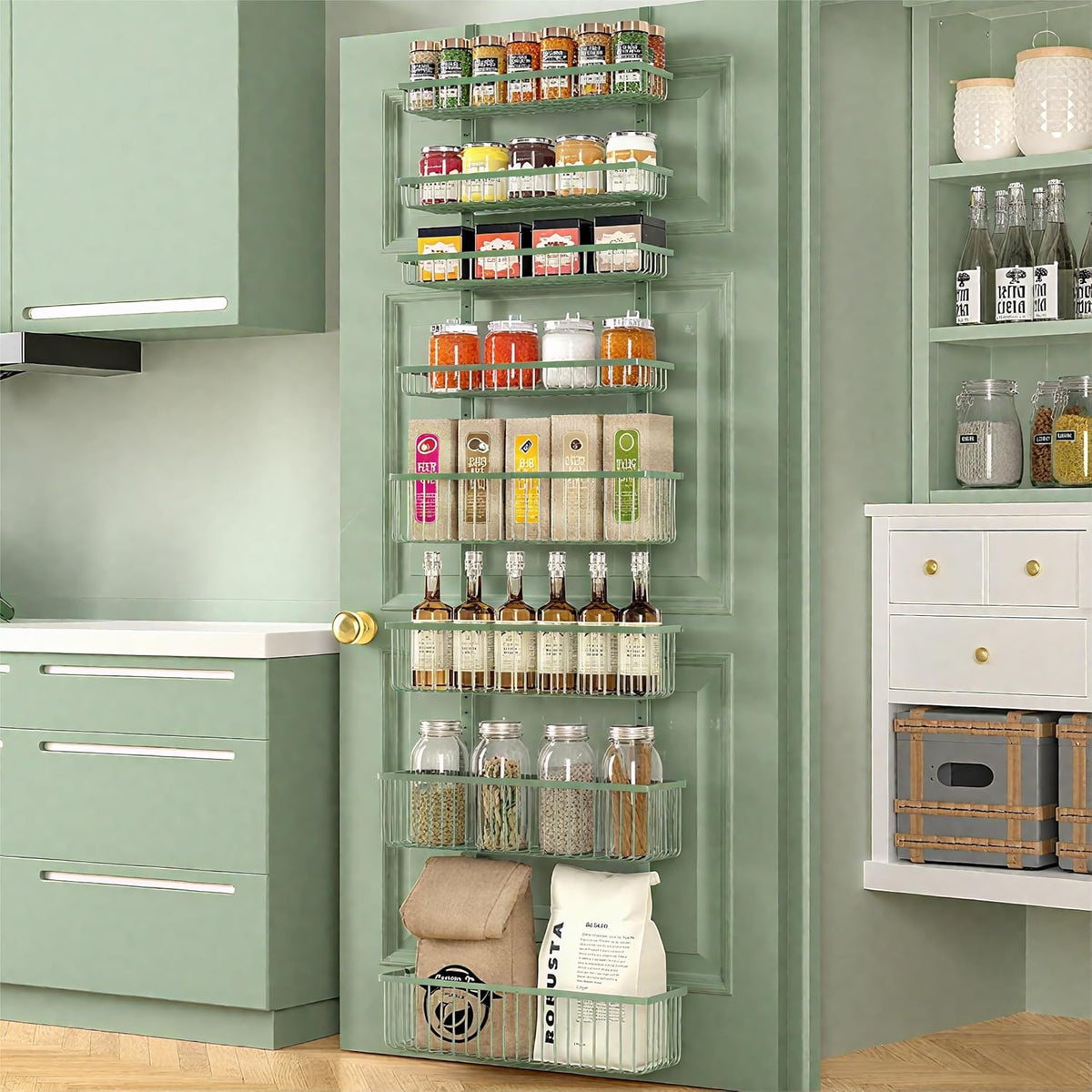 Moforoco White Over The Door Pantry Organizer, Pantry Organization and Storage, Metal Hanging Spice Rack Shelves Door, Seasoning Shelves, Laundry Room Organization, House and Kitchen Essentials