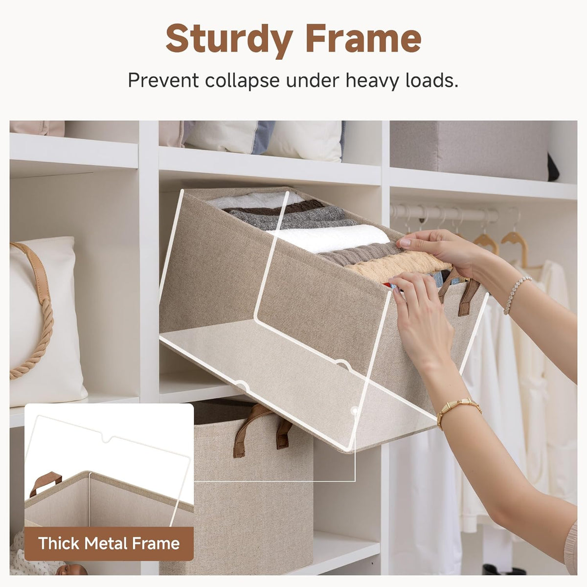 StorageWorks Storage Bins, Shelves Baskets for Organizing, Fabric Closet Organizers with Handles, Metal Frame, Beige-Cotton-linen, 2-Pack