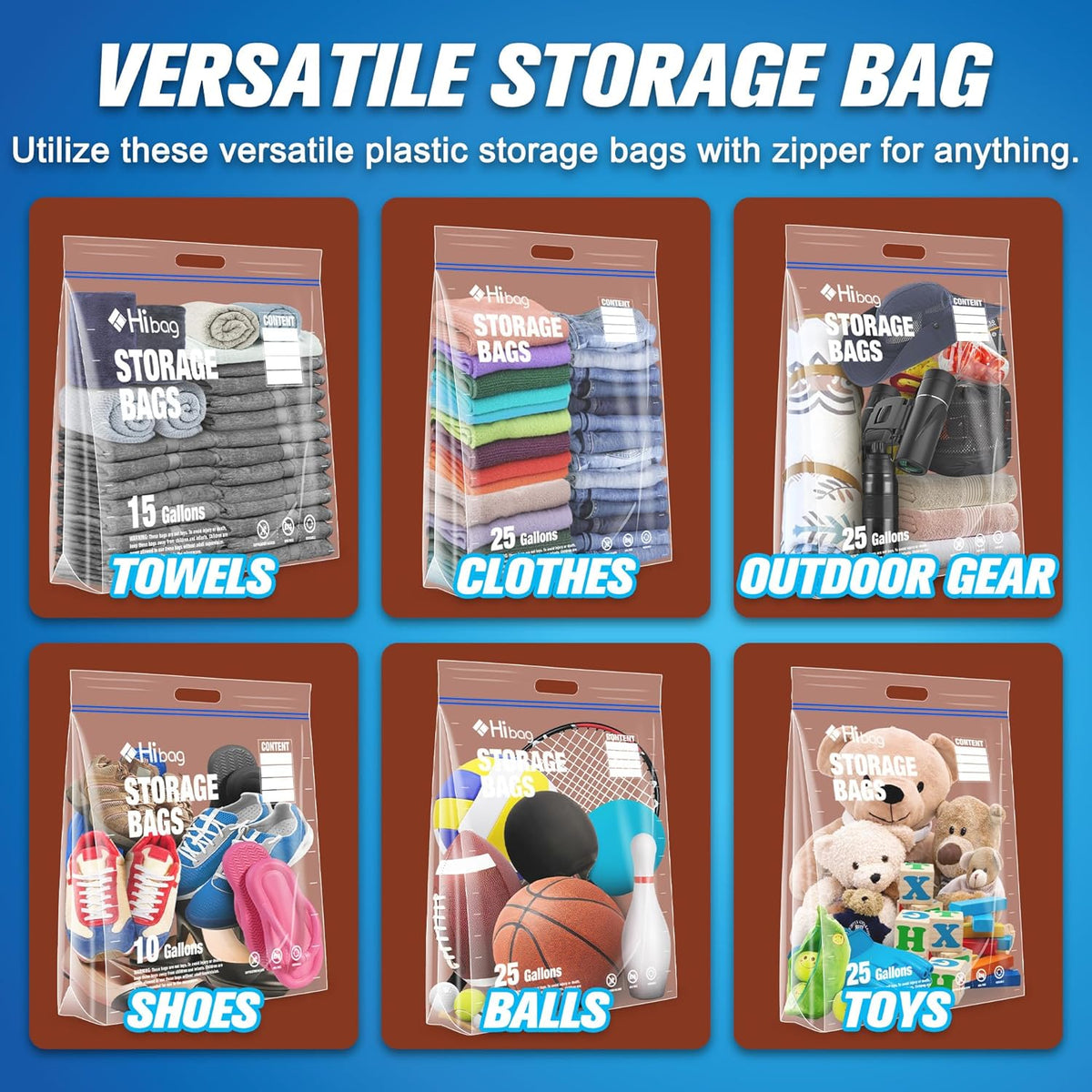 10 Gallon Zipper Storage Bags, 18” x 20” Clear Plastic Bags with Handle, Extra Large XL Zip Bags for Clothes, Pack of 5