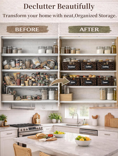 Pantry Organizers and Storage, Water Hyacinth Storage Baskets for Shelves, Natural Baskets for Organizing, Pantry Baskets with Chalkboard Labels and Marker