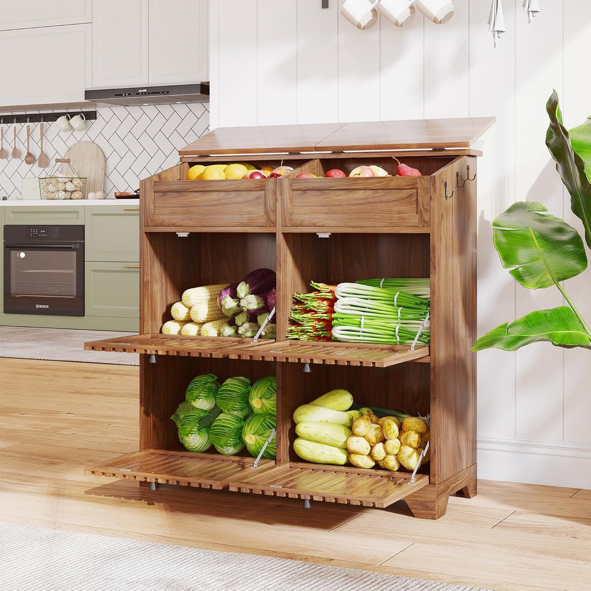 4 Tier Narrow Potato Storage Bin, Tall Wood Potato and Onion Storage Bin with Wheel, Movable Fruit and Vegetable Basket, Food Small Kitchen Pantry Cabinet, Wooden Bread Box, Walnut, Sliding Door