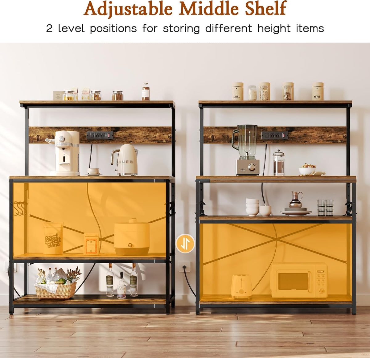 SUPERJARE Kitchen Bakers Rack with Power Outlet, Coffee Bar Table 4 Tiers, Kitchen Microwave Stand with 6 S-shaped Hooks, Storage Shelf Rack for Spices, Pots and Pans - Rustic Brown