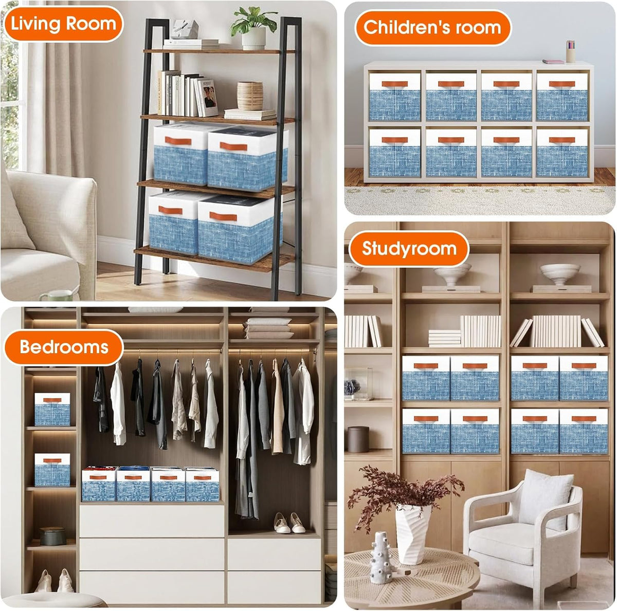 Fab totes Collapsible Storage Baskets for Shelves,14"x10", Foldable Fabric Storage Bins with Double Leather Handles, Large Baskets for Organizing Books, Clothes, White & Grey