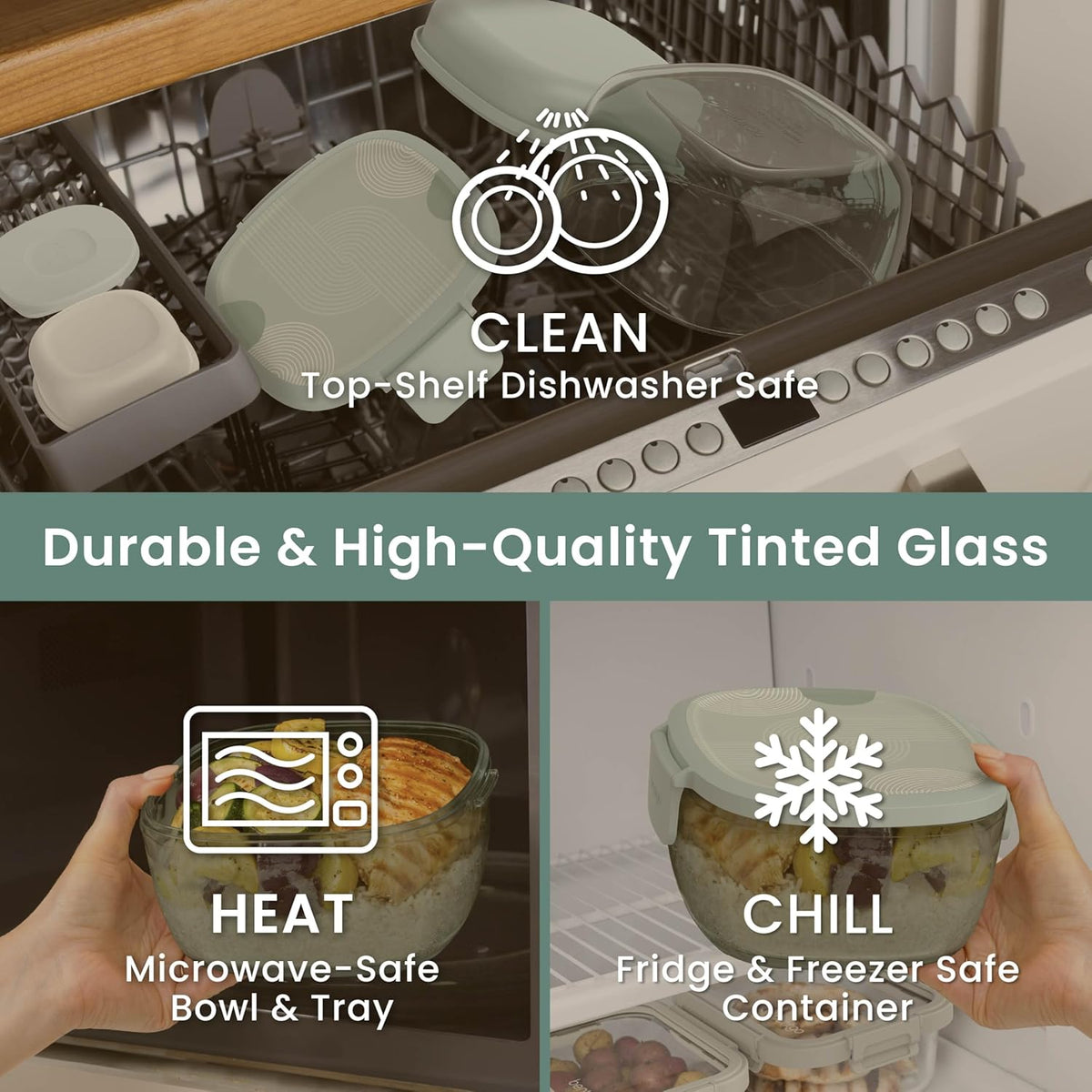 Bentgo Glass Prints Salad Container - 7.6-Cup Tinted Glass Salad Bowl with Airtight Lid, Leak-Proof Sauce Container, 4-Compartment Bento Meal Prep Tray & Reusable Fork (Floral Maximalist - Sea)