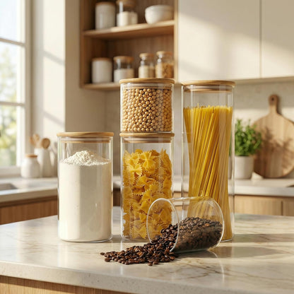 32oz - Glass Jars with Bamboo Lids, Glass Pantry Storage Containers with Airtight Lids, Round Air Tigh Food Storage Canisters for Cereal, Pasta, Flour, Sugar, Rice, Best for Kitchen Organizer