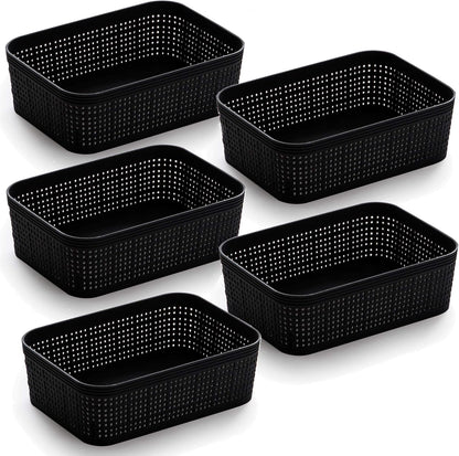 BINO | Woven Plastic Basket | Small (Natural), 5-Pack | THE JUTE COLLECTION | Home Organization, Space - Saving Storage, Stylish Design | Jute Basket | Plastic Storage Basket
