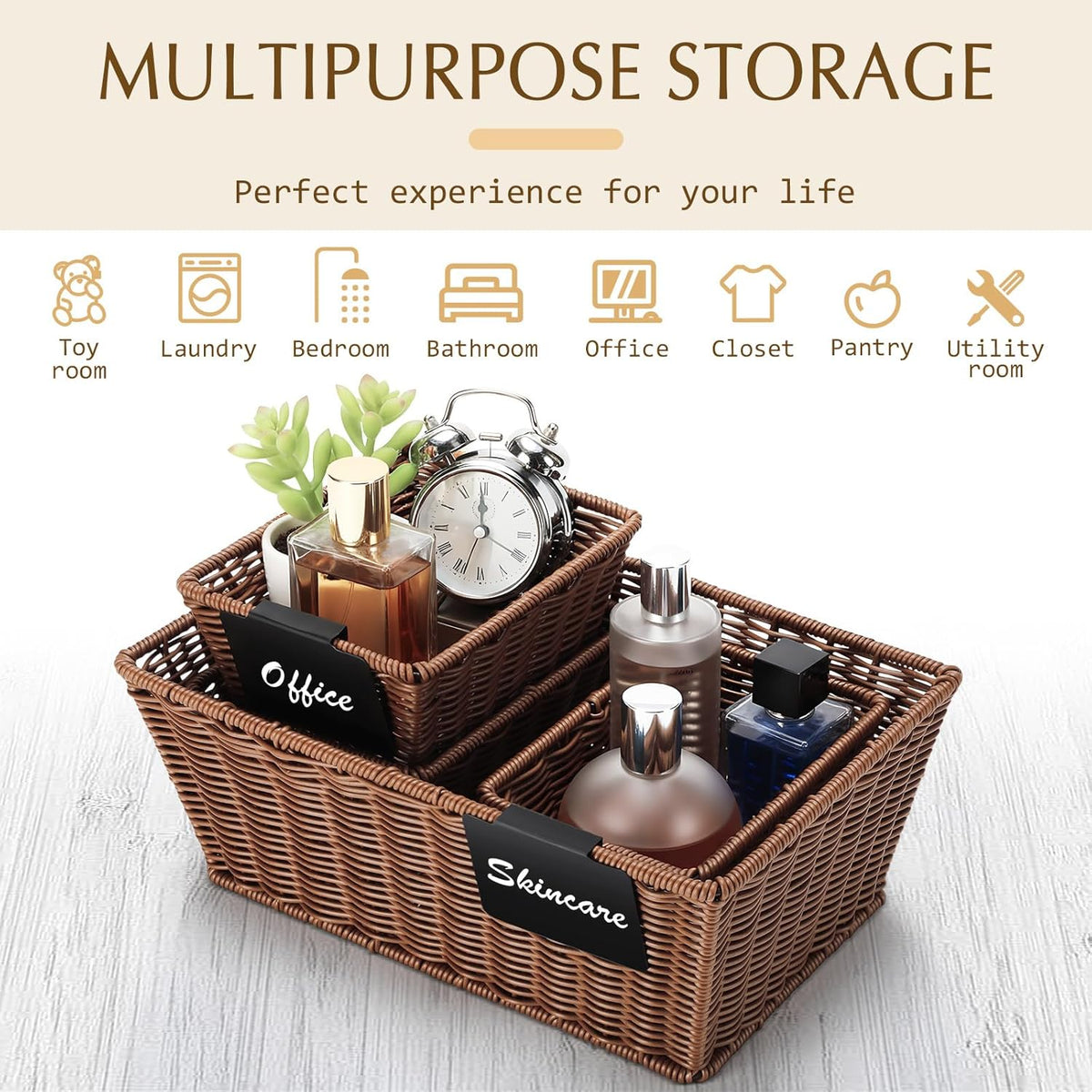 Marsui 6 Pcs Wicker Storage Baskets with Labels Handwoven Multi-size Brown Wicker Storage Bins for Organizing Small Baskets Container for Shelves Closet Pantry Toilet(Brown )