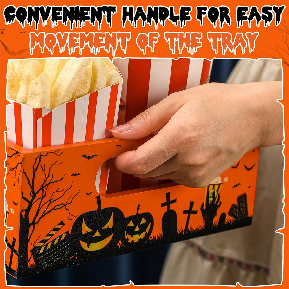 Movie Night Supplies Snack Trays with Handles Reusable Wooden Movie Gift Basket for Theater Popcorn Bucket Bowl Box Container Family Room Decor(Classic Style)