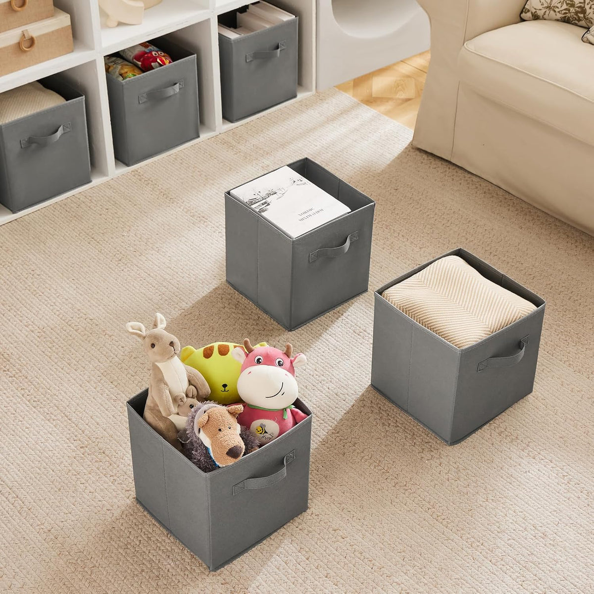 MAX Houser Fabric Storage Bins Cubes Baskets Containers with Dual Plastic Handles for Home Closet Bedroom Drawers Organizers, Flodable, Blue, Set of 4