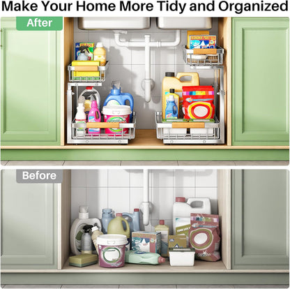 Kitstorack Under Sink Organizer, 2 Tier Under the Sink Storage, Slide out Pull out Cabinet Organizer Shelf, Metal Sliding Drawer for Kitchen Bathroom Pantry Closet Organization Rack, Black