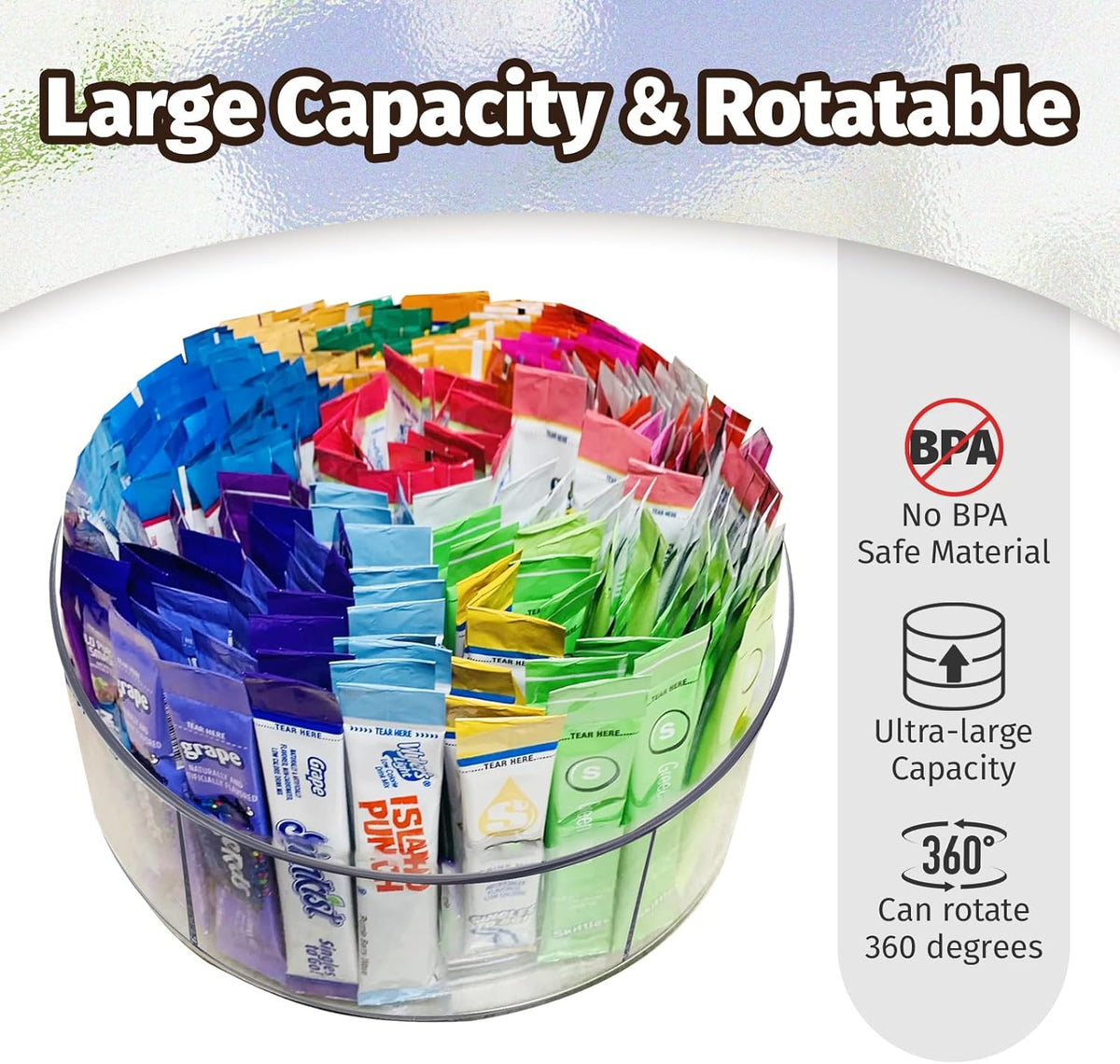Drink Packet Organizer For Powdered Drink Mix,Powder Packet,Water Packet,Water Flavor Packet,Lazy Susan Organizer Rotating Holder for Drink Mix Necessities（Square）