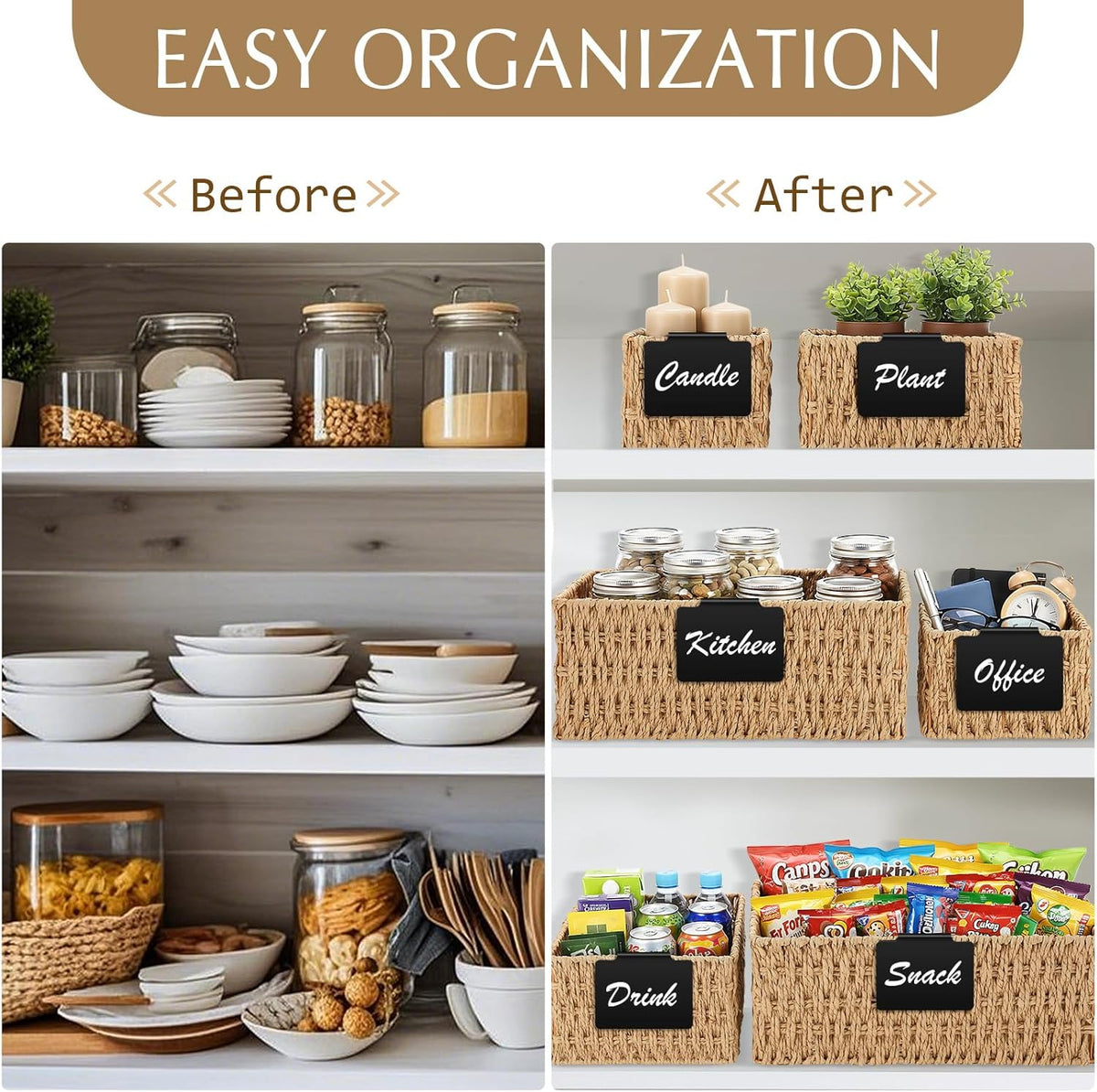 Marsui 6 Pcs Wicker Storage Baskets with Labels Handwoven Multi-size Brown Wicker Storage Bins for Organizing Small Baskets Container for Shelves Closet Pantry Toilet(Brown )