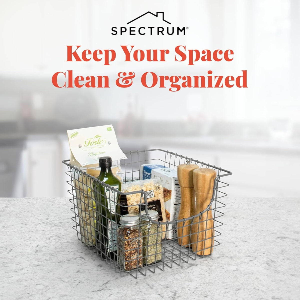Spectrum Wire Scoop Basket Storage Bin Industrial Gray Medium Metal Wire Basket Organizer for Kitchen Pantry Wire Storage Bins, Heavy Duty Rectangle Wire Storage for Kitchen Organization