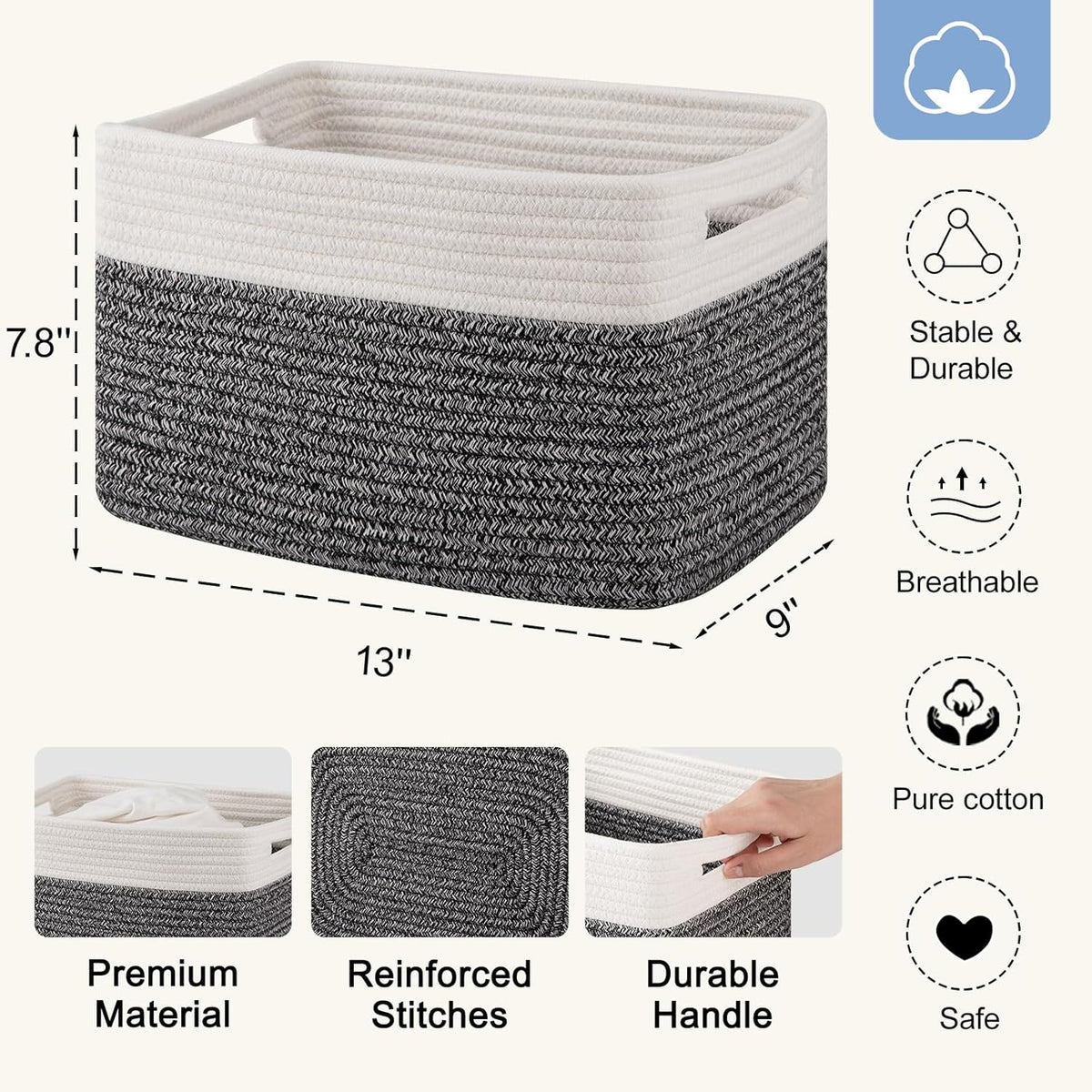 4 Pack Storage Baskets for Organizing, Woven Baskets for Shelves - Perfect for Toys, Books, Towels, and Clothes, Durable Gift Basket Bins Toy Storage, 12.7''Lx9''Wx7.8''H, Brown & White