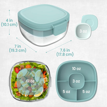 Bentgo Glass Prints Salad Container - 7.6-Cup Tinted Glass Salad Bowl with Airtight Lid, Leak-Proof Sauce Container, 4-Compartment Bento Meal Prep Tray & Reusable Fork (Floral Maximalist - Sea)