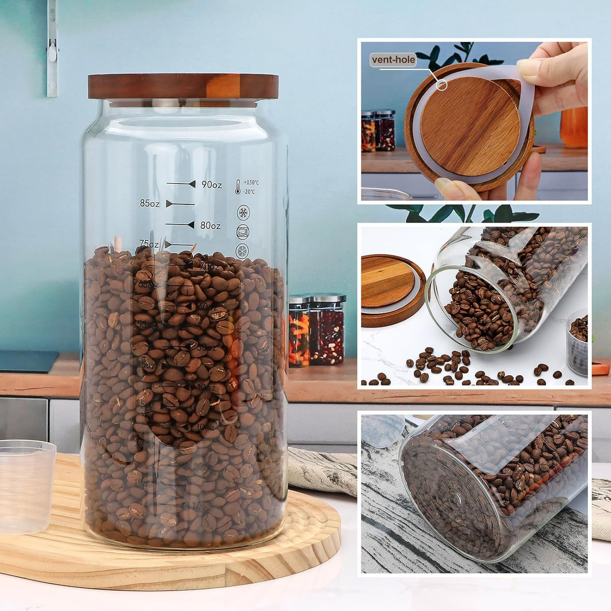 Glass Storage Containers with Lids,Glass Jars with Bamboo Lids, Canisters Set for Pasta, Nuts, Coffee Beans, Kitchen Pantry Organization Jar,Muti Size Set of 3,with Lables and Pen