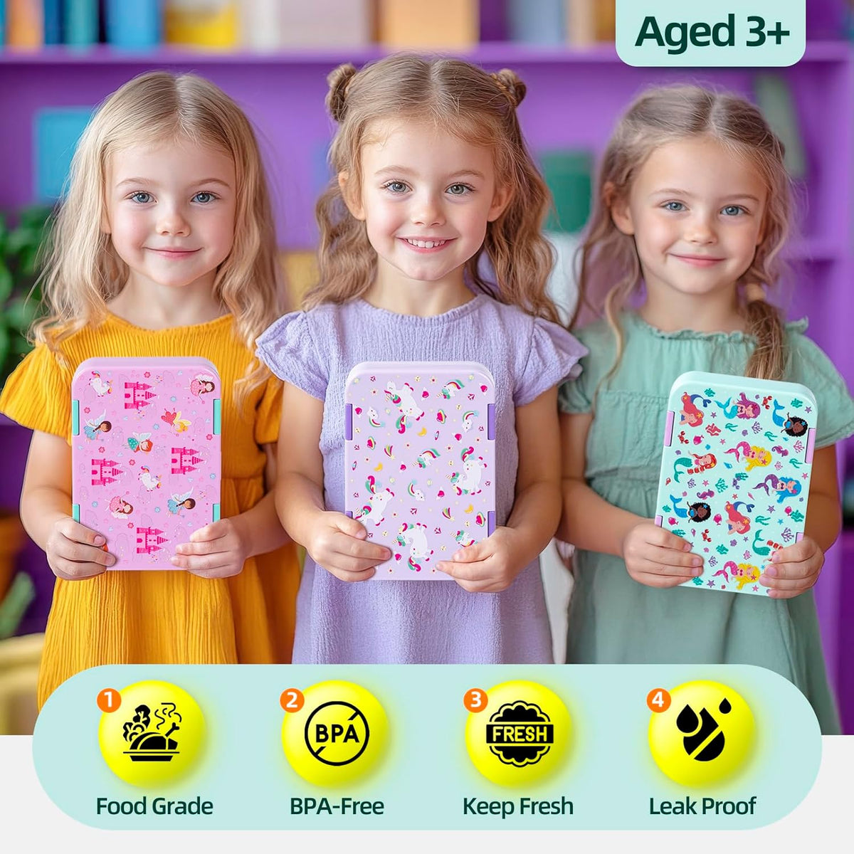 Bento Lunch Box for Kids, 6 Compartments BPA Free, Dishwasher Safe Back to School Snack Bento Lunch Containers Boxes, Ideal Portion Sizes for On-the-Go Meal, Ages 3+, School, Green Patterned