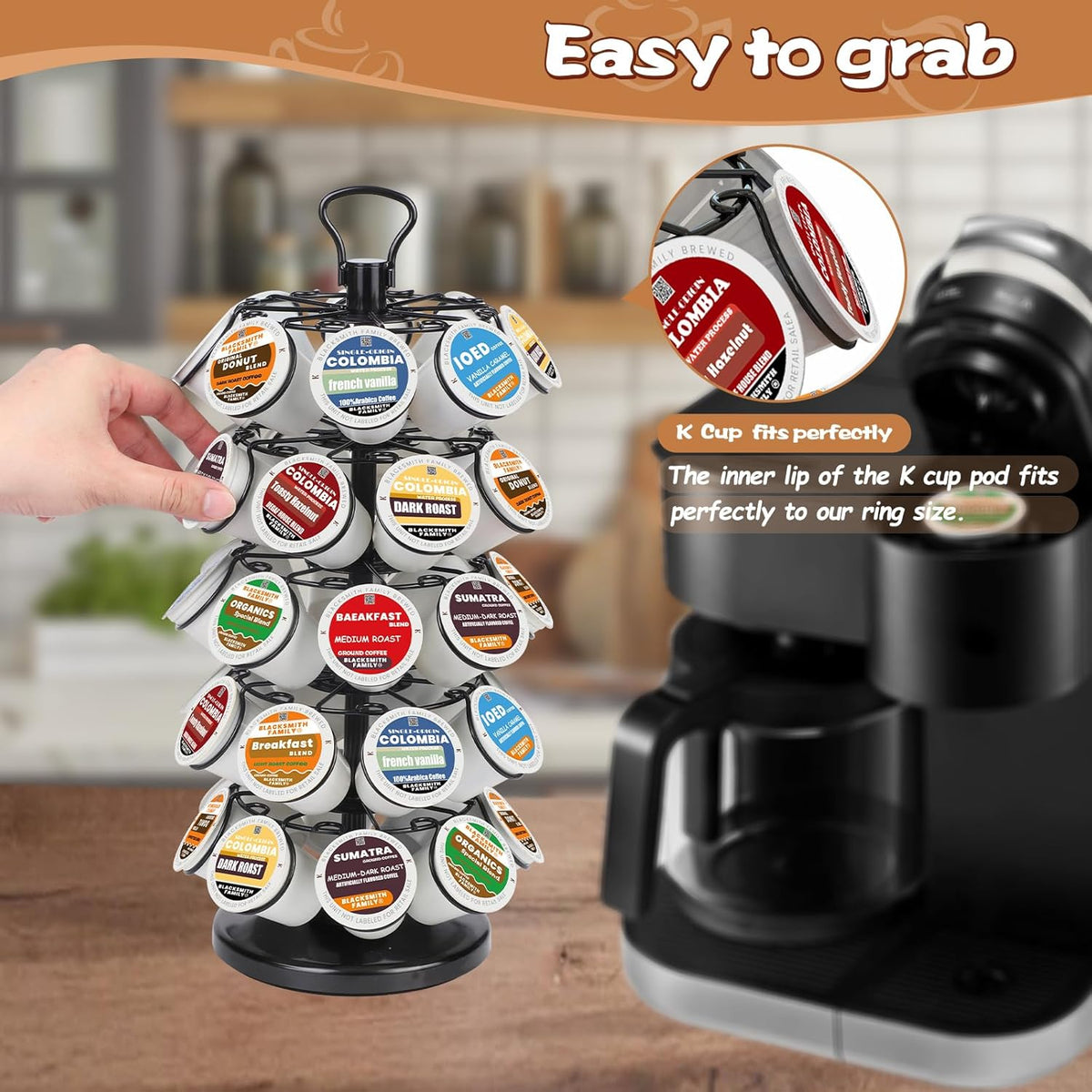 BLACKSMITH FAMILY 36 K Cup Pod Carousel Easy Assembly Design K Cup Holders,K Cup Holder, K Cups Holder,K Cup Carousel, 4-Tier Coffee Pods Holder Storage Organizer Stand,Glossy Black