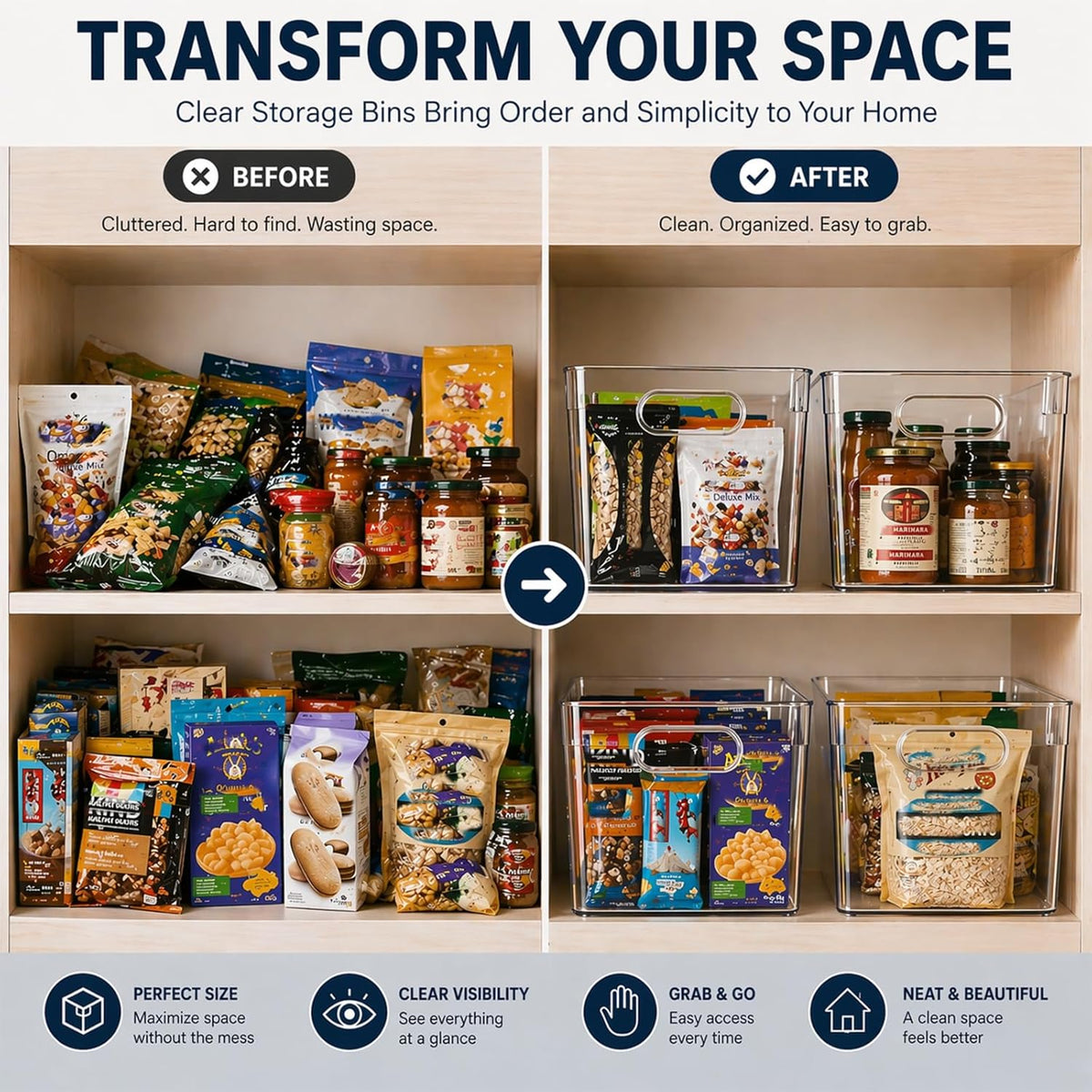 MOONEDGE Set of 4 Clear Plastic Organizer Bins, 2 Large & 2 Small Storage Bins for Pantry, Nestable Space-Saving Containers for Cabinets, Under-Sink, Bathroom, Kitchen & Freezer Organization