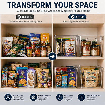 MOONEDGE Set of 4 Clear Plastic Organizer Bins, 2 Large & 2 Small Storage Bins for Pantry, Nestable Space-Saving Containers for Cabinets, Under-Sink, Bathroom, Kitchen & Freezer Organization