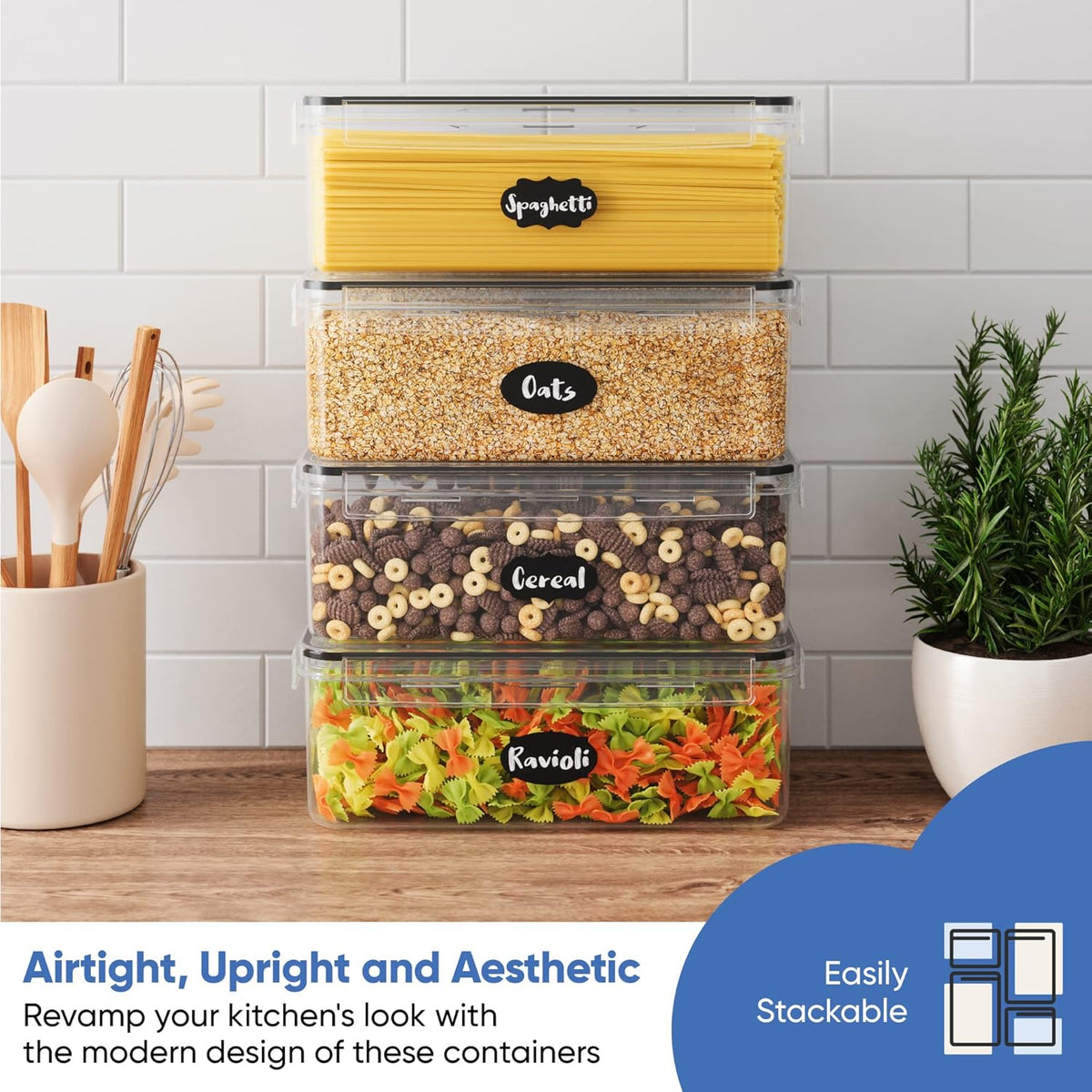 Chef's Path Airtight Food Storage Containers with Lids (Set of 4/3.6 Liters Each), Plastic Spaghetti Container for Pasta & Dry Food Storage, BPA Free Pantry Organizer Set with Kitchen Accessories