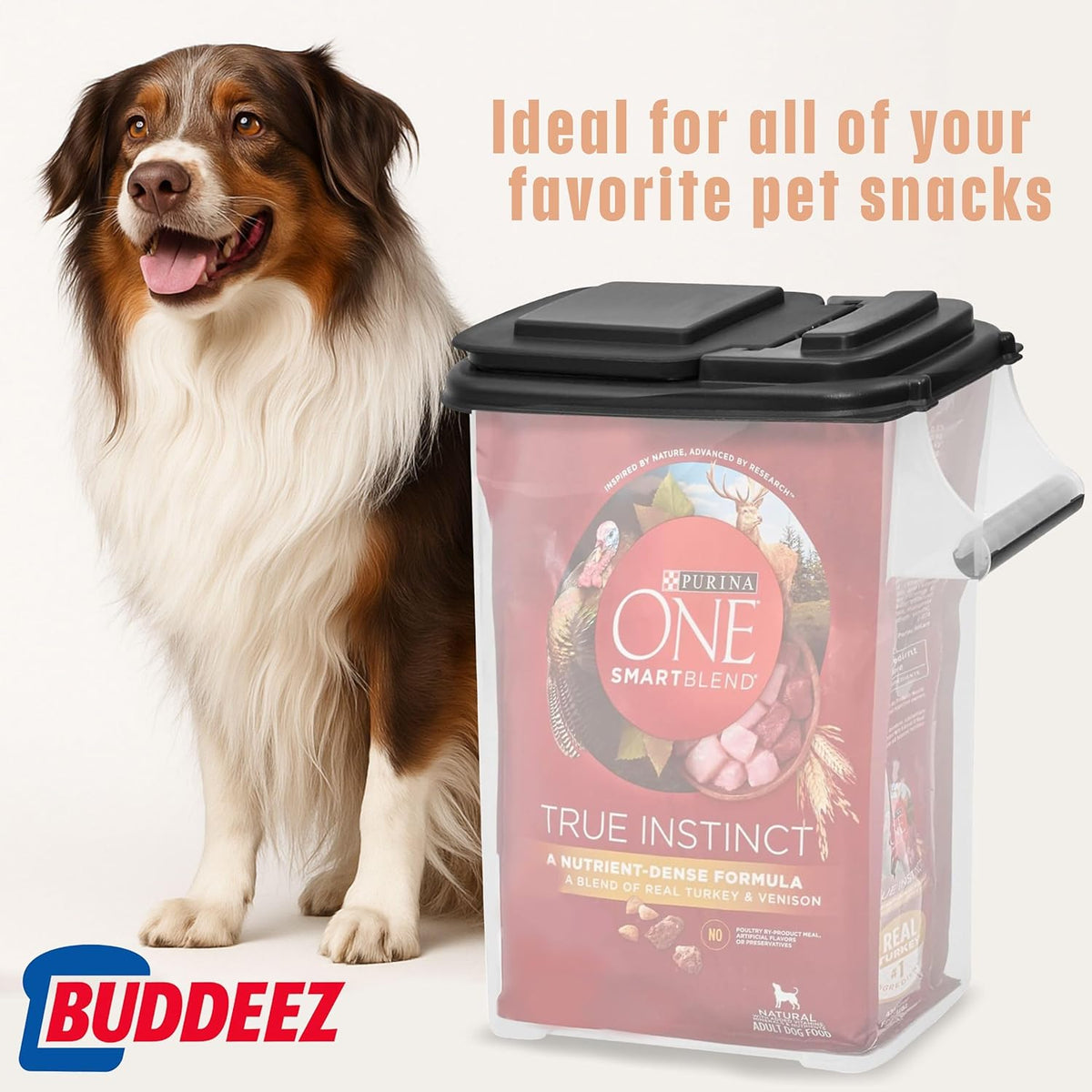 Buddeez Airtight Pet Food Storage Container - 50 QT/50 LB Capacity Dog Food Storage Container - Cat Food Container, Bird Seed Storage Container, Rolling Storage Bin, Air Tight with Handle & Scoop