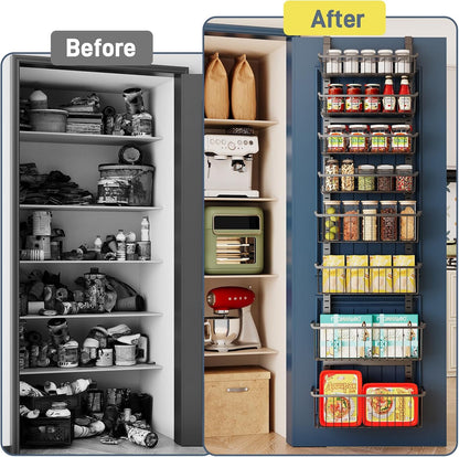 Over The Door Pantry Organizer, 8-Tier Over The Door Organizer with Adjustable Baskets, Metal Hanging Spice Rack for Pantry Organizers and Storage, Suitable for Kitchen Laundry Room & Bathroom, White