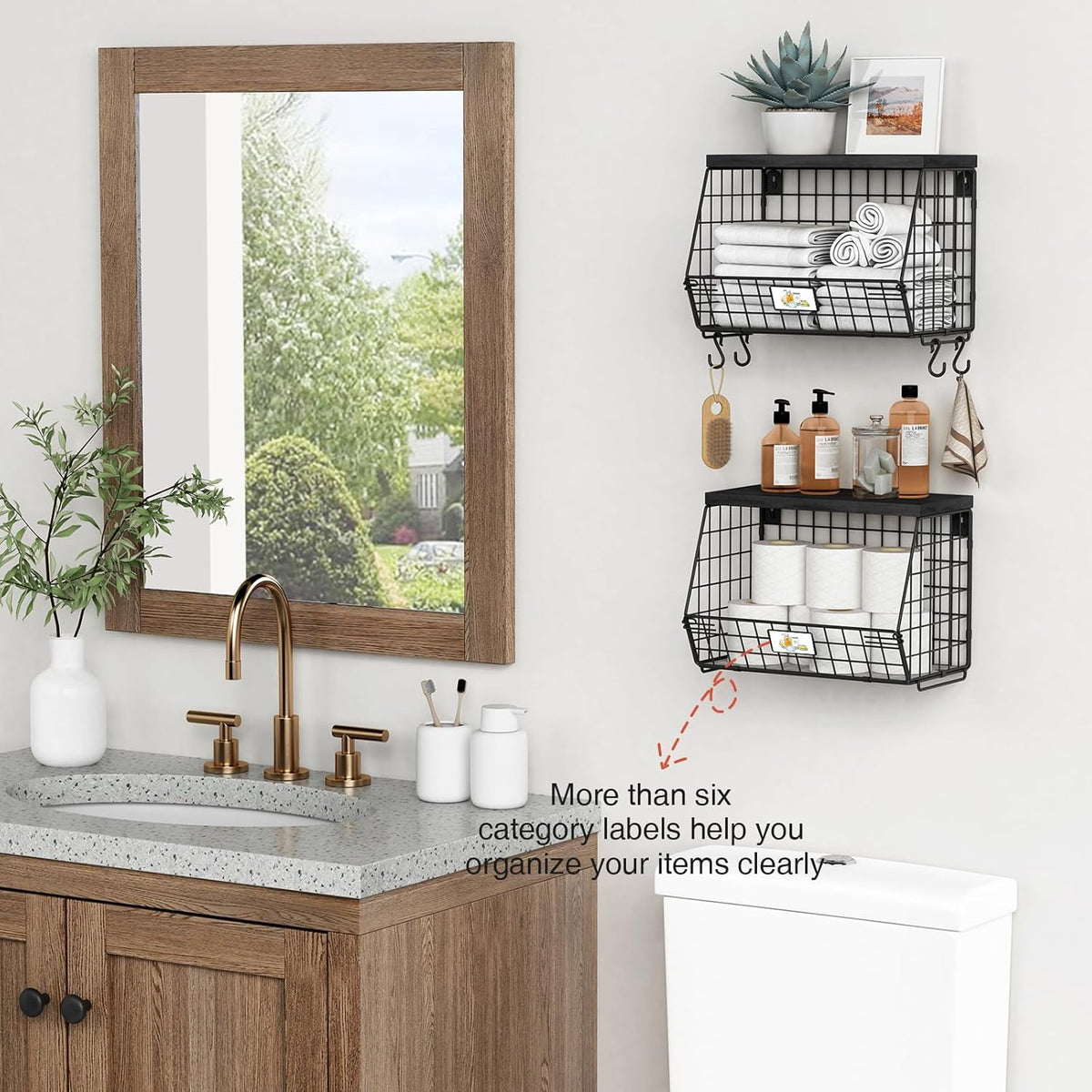 Goozii Hanging Wall Fruit Basket for Kitchen Counter 2 Pack, Stackable Wire Baskets for Organizing with Wood Lid, Potato and Onion Storage Bin with Banana Hook for Vegetable Produce, Black + Rustic