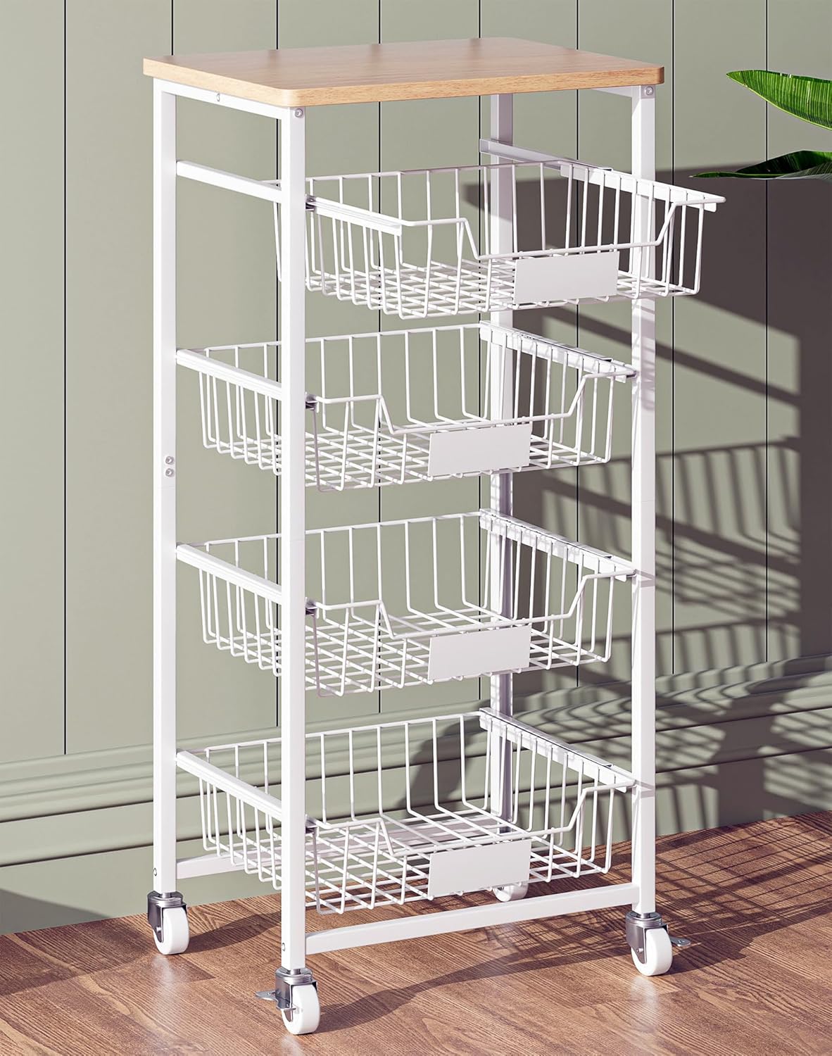OKZEST 4-Tier Kitchen Storage Cart on Wheels – Mobile Fruit Basket Stand with Drawers & Wooden Top, Small Rolling Pantry Shelf for Potatoes, Onions, Bottled Drinks, Cans, Snacks – Includes 3 PE Liners