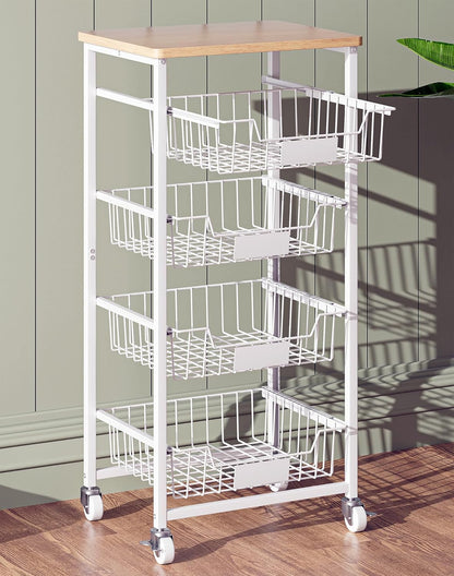 OKZEST 4-Tier Kitchen Storage Cart on Wheels – Mobile Fruit Basket Stand with Drawers & Wooden Top, Small Rolling Pantry Shelf for Potatoes, Onions, Bottled Drinks, Cans, Snacks – Includes 3 PE Liners