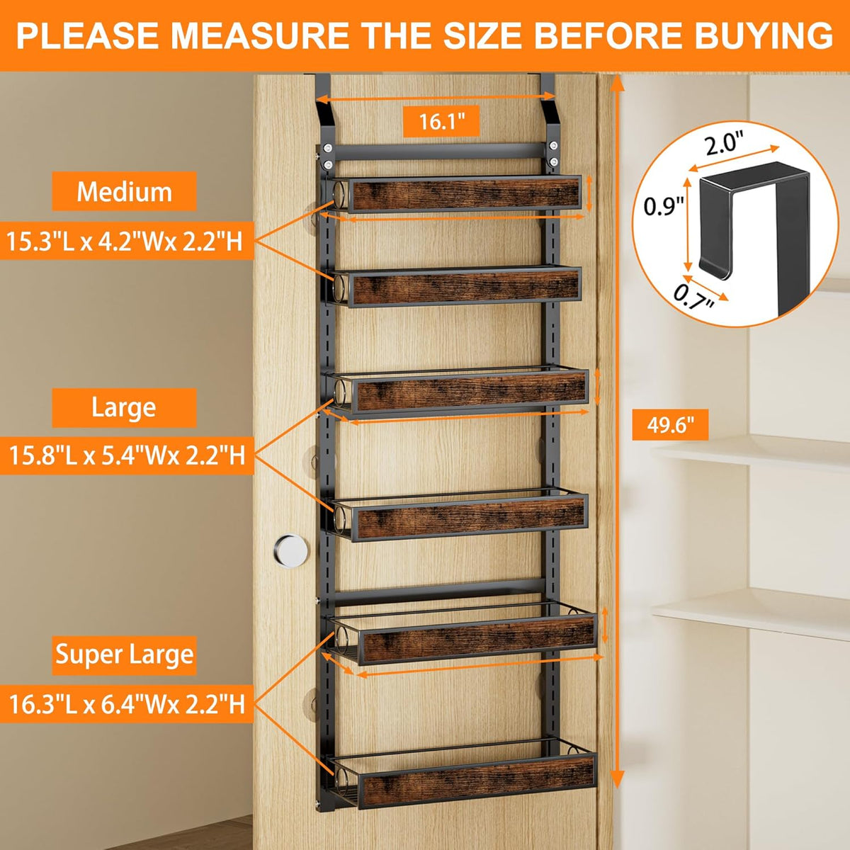 8 Tier Over The Door Pantry Orangizer 2 IN 1 Wall Mounted or Hanging Spice Rack with Adjustable Wood Basket,Heavy Duty Seasoning Storage Shelf for Kitchen Pantry and Bathroom