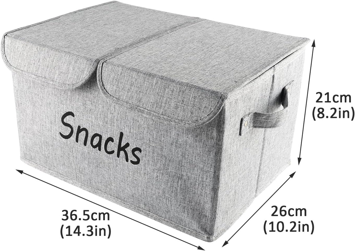 Snack Organizer for Pantry Shelf, Fabric Snack Organizer with Double Lids & Handles, Large 2-Compartment Snack Bin Snack Holder, Snack Basket for Chips Packets, Snack Bar Station Decor -Black