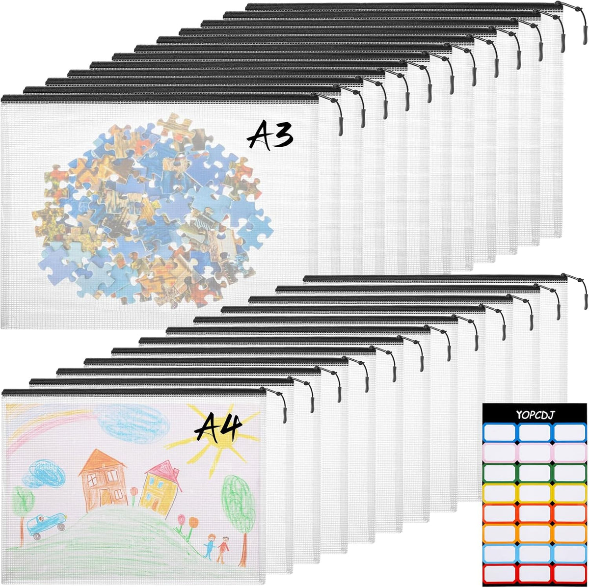 YOPCDJ 24pcs Mesh Zipper Pouch File Bags Puzzle Storage Bags, A3 17x12 Inches Large Reusable Zipper Pouches for Organizing Classroom Board Game Organization