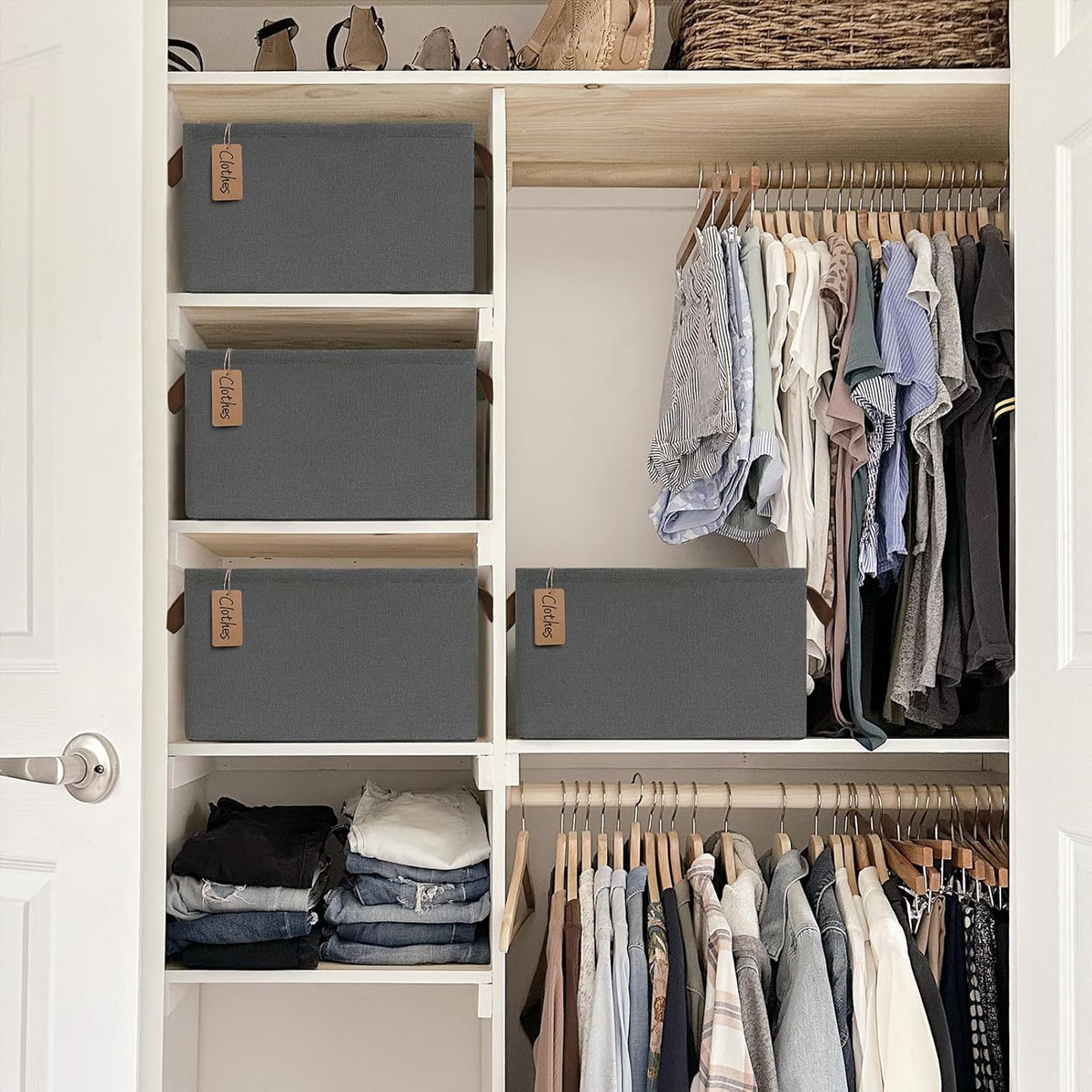 CHICVITA Large Storage Baskets for Shelves, Fabric Storage Bins with Metal Frame, Closet Organizers and Storage Boxes for Clothes Toy, Beige
