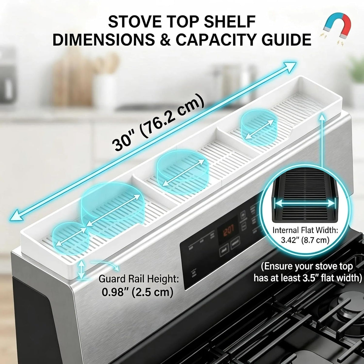 AWOKE Stove Top Shelf 30 Inch - Silicone Material Magnetic Shelf for Stove - 3 Functional Partitions Kitchen Spice Rack Organizer-Black,Kitchen Gadgets Storage Organization