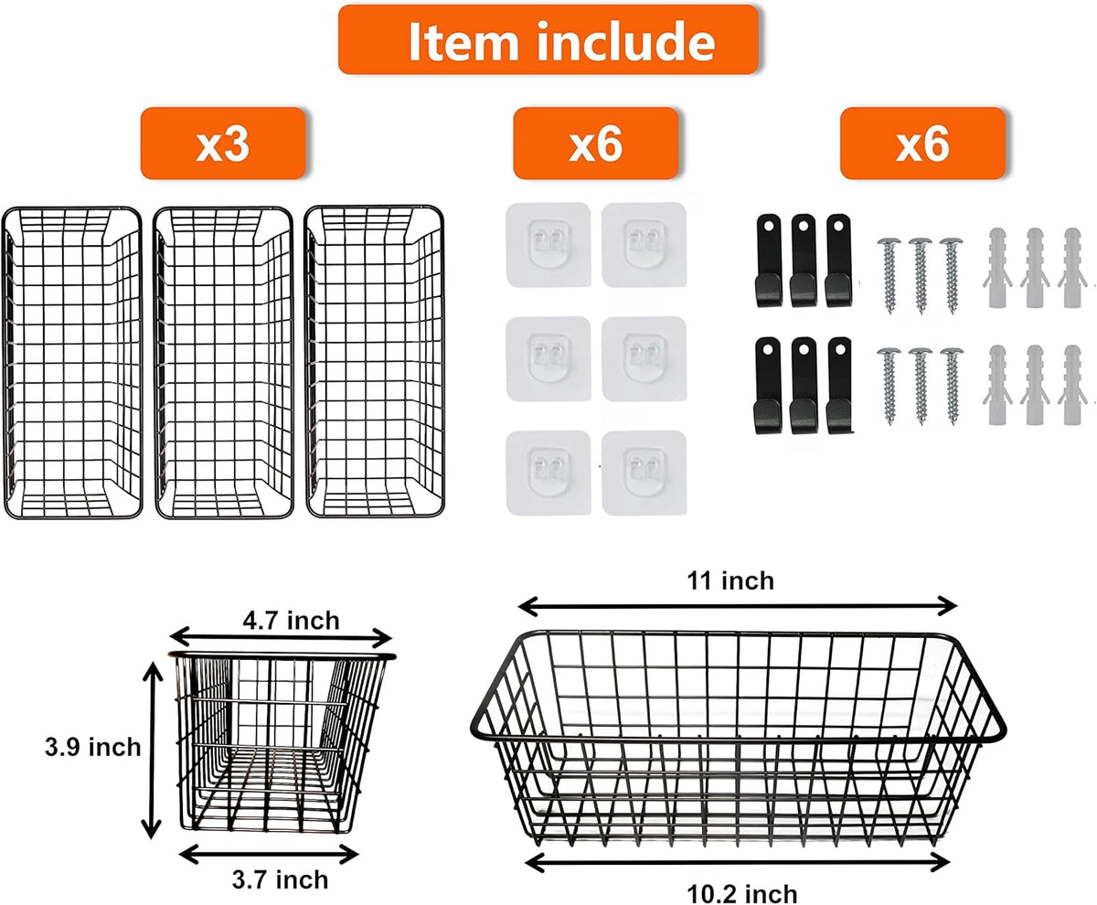 Joben Oligey 3 Set [Extra Large] Hanging Wall Baskets ,Wire Basket For Storage Pantry, Farmhouse Food Storage Kitchen Pantry Laundry Closet Garage RV ,Black