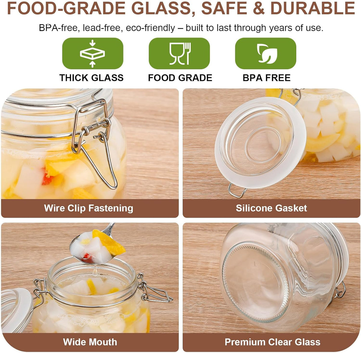 17oz Airtight Glass Jars, 6 Pack Clamp Lid Canisters, Small Food Storage Containers for Spices, Nuts, Snacks, Canning Jar for Jams & Pickling, Pantry Organization